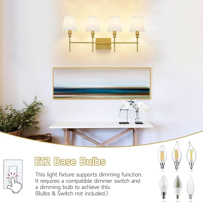 Bathroom Lights Over Mirror, 32.3 in 4-Light Bathroom Vanity Light, Brass Bathrooms Light Fixtures with Flared White Fabric Lampshade for Bedroom,Living Room,Dressing Table,Hardwired,E12 Base