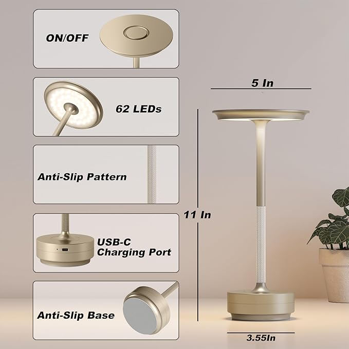 TBBGA 2 Pack Rechargeable Cordless Table Lamps, Portable 5000mAh Outdoor Table Light, 3 Color Stepless Dimming LED Table Lamp with Memory Function, for Home/Dinner/Patio/Restaurant.(Champagne Gold)