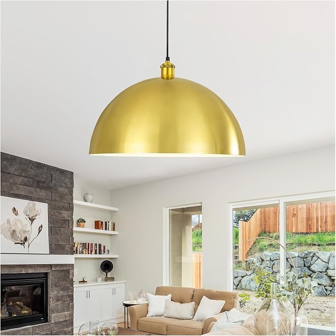 Gold Pendant Light, 16" Farmhouse Ceiling Light with Gold and White, Elegant Semi-Circular Shade Design, Adjustable Height Industrial Dome Pendant Lights for Kitchen Island, Dining Room