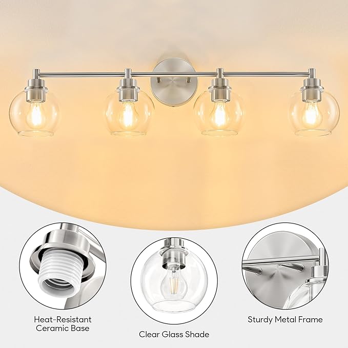 VONLUCE Bathroom Light Fixtures, 4-Light Vanity Light with Globe Glass Shades E26 Sockets, Bathroom Lights Over Mirror for Bedroom Hallway Living Room, Brushed Nickel Finish, ETL Certificated