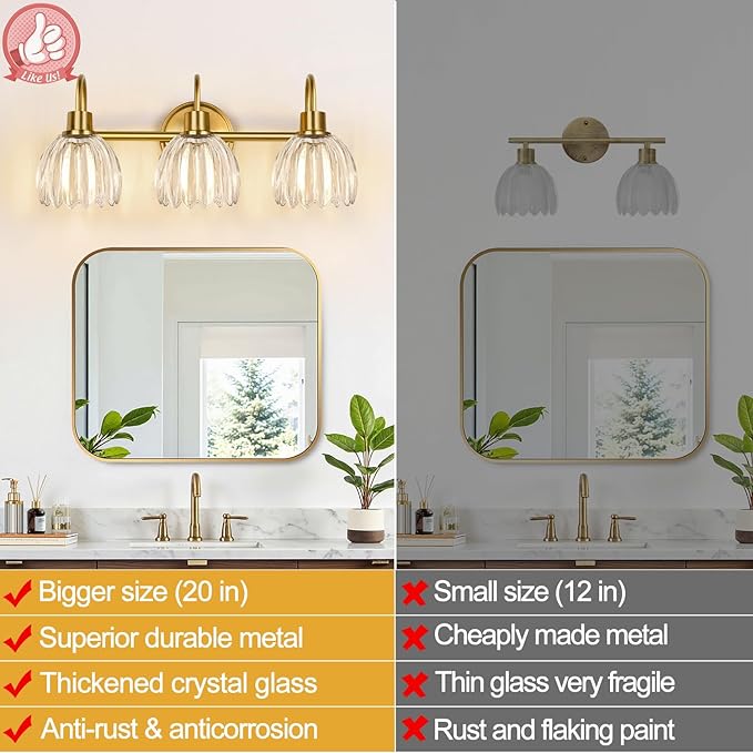 3-Light Bathroom Light Fixtures, 20" Brushed Gold Vanity Lights for Bathroom with Ribbed Clear Tulip Glass Shade, Vintage Wall Vanity Lighting Fixtures Over Mirror for Bathroom Living Room Hallway