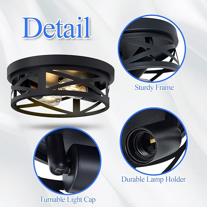 Flush Mount Ceiling Light Fixture,Black 2-Light Hallway Light Fixtures Ceiling,Light Fixtures Ceiling Mount for Farmhouse,Kitchen,Hall,Bedroom,Bathroom (2 Pack)