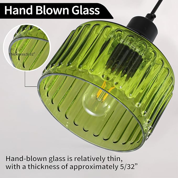 Green Pendant Lights Kitchen Island, Vintage Pendant Light Fixtures with 7" Clear Glass Shade, Farmhouse Hanging Lights for Kitchen, Bathroom, Bedroom, Dining Room, 2 Pack