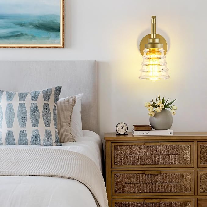 Gold Bathroom Wall Sconce, Brass Sconces Wall Lighting with Clear Glass Shade, Modern Wall Light Fixture for Bedroom Hallway Mirror