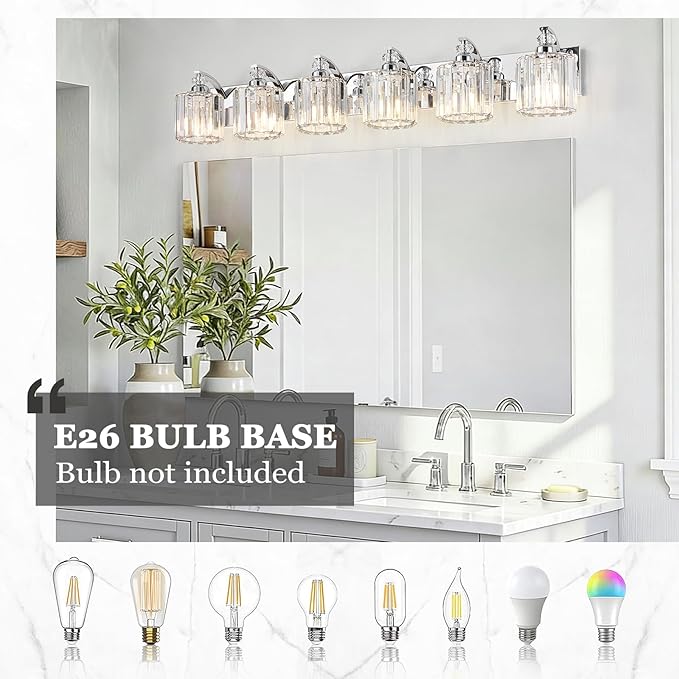 6-Light Modern Bathroom Light Fixture Chrome Vanity Lights Over Mirror Wall Sconce Lighting with K9 Crystal Shades Bathroom Wall Lamp E26 Base for Bedroom, Living Room, Hallway
