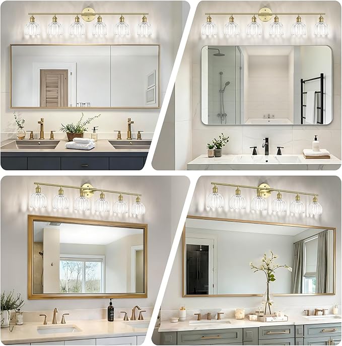 Vintage Bathroom Light Fixtures,6-Light Hardwired Vanity Lights with Clear Tulip Glass Shade,Gold Bathroom Vanity Light for Mirror Restroom,E26 Socket,40.55 in(Bulbs Not Included)