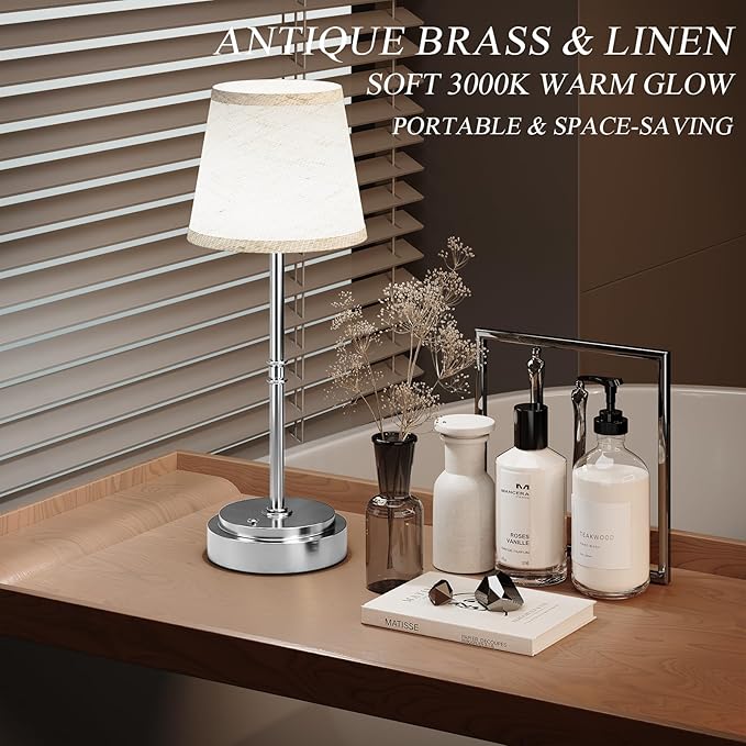 Cordless Table Lamp Rechargeable Silver - 1 Pack 7500mAH Battery Operated Lamp for Decor, 3000K Stepless Dimming Touch Control Wireless Lamp for Bedroom, Dining Table, Counter, Living Room