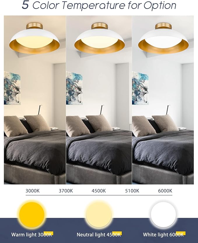 kudos Large Flush Mount Ceiling Light, 21inch LED Ceiling Light Fixture, White and Gold Finish, 44W 2500lm Modern Hanging Light Fixtures for Living Room, Bedroom, Hallway, 5CCT Adjustable, KDCL02-WT-L