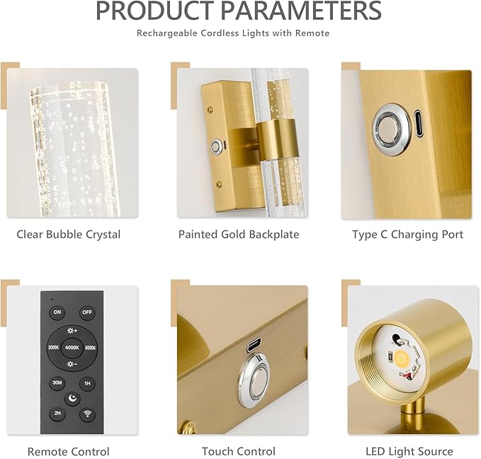 20000mAh Battery Operated Wall Sconces Set of 2, 3CCT, Gold Rechargeable Wall Light with Remote Control, 3000K-6000K Dimmable LED Wireless Sconces for Bedroom, Living Room, 15.6 Inch