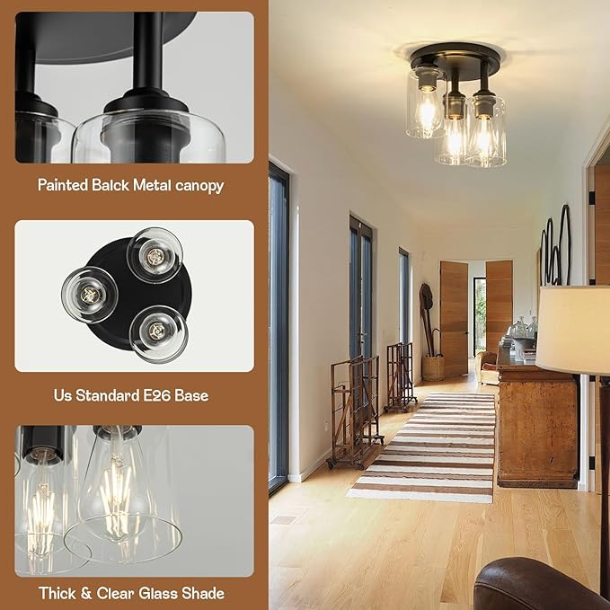 Mayful Semi Flush Mount Ceiling Light, 3-Light Black Fixture with Clear Glass Shade, Cluster Cylinder Design for Kitchen Dining Room Hallway Foyer Entryway