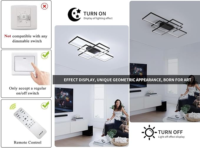 Jaycomey Dimmable Ceiling Light, Black Modern LED Ceiling Lamps with Remote Control, 50W Acrylic Square Flush Mount Ceiling Light Fixture for Living Room Dining Room Bedroom Kitchen