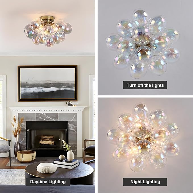GoYeel Semi Flush Mount Ceiling Light Gold, Colorful Bubble Light Fixture Kitchen 17.7in Mid Century Modern Chandelier Small Glass with 13 Globe for Kid Room Girls Room Foyer Living Room