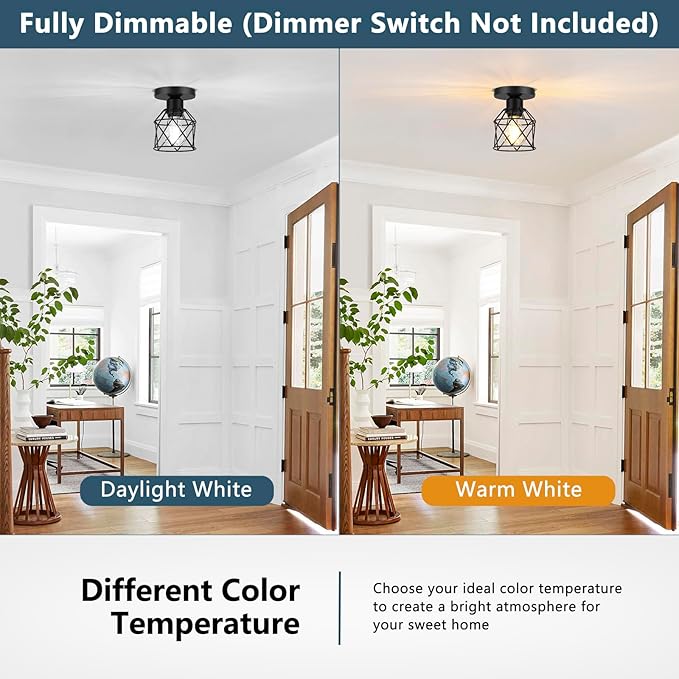 FadimiKoo 4-Pack Semi Flush Mount Light With LED Bulb, Farmhouse Hallway Ceiling Fixture, Black Retro Metal Cage Indoor Lamp for Kitchen Bedroom Entryway (E26 Base)