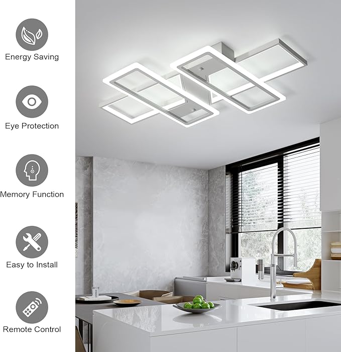 GEADI Modern Dimmable Ceiling Light Fixture,35.4" White LED Flush Mount Ceiling Lights with Remote Control,4 Ring Square Light Fixture for Bedroom Dining Room Living Room Kicthen (80W)