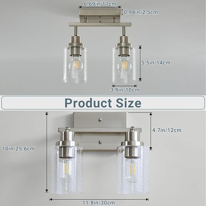 LOUSACE 2 Light Brushed Nickel Track Lighting, Kitchen Ceiling Mounted Light Fixtures Over Sink with Seeded Glass Shade, Flush Mount Wall/Ceiling Track Lighting for Kitchen Island Bathroom, E26 Base