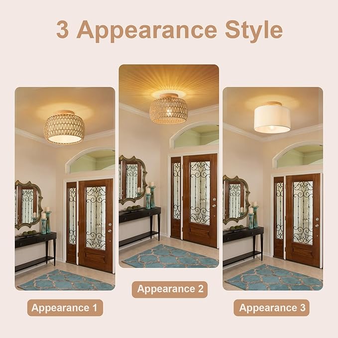 2 Packs Boho Rattan Flush Mount Ceiling Lights 12 Inch Farmhouse Ceiling Light Fixtures Rustic Wicker Hand Woven Rope Cage for Dining Room Kitchen Bedroom Foyer Hallway Entryway