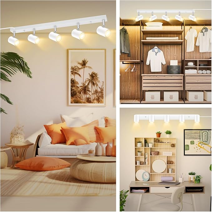 AUQUEE 5 Light Track Lighting Kit,White 5 Way Modern Plug in Ceiling Spotlight,Industrial LED Wall Light for Kitchen Cabinet Gallery Bar Hallway Living Room,Rocker Switch,15 Foot Cord(No Bulb)