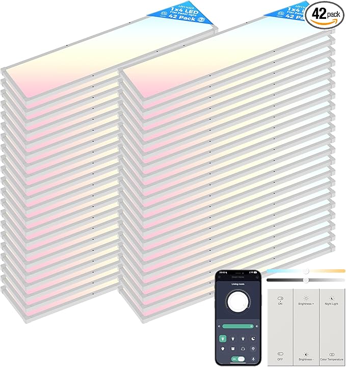 AIKVSXER 42 Pack 1x4 FT LED Flat Panel Light Surface Mount, with Wireless Switch & App Control, Night Mode, 50W 5500LM, 3000K/4000K/6500K, Ultra-Thin LED Light for Office Home,120-277V - White