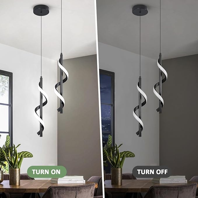 CANEOE Modern Spiral Led Pendant Light Fixture, 3000K-6000K Dimmable Modern LED Hanging Lamp, Adjustable Hanging Island Light Fixture for Bedroom Living Room Kitchen Sink, 1 Pack (Black)