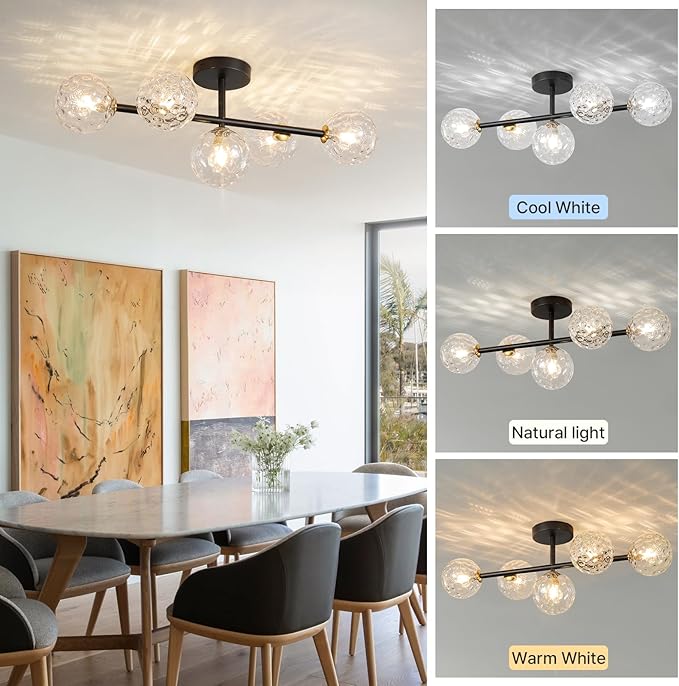 Modern Globe Glass Ceiling Light: 27 Inch Semi Flush Mount Light with Hammered Clear Glass Shade - 5 Lights Black Ceiling Lighting Fixture - Dimmable Linear Chandelier for Bedroom Living Room Entry