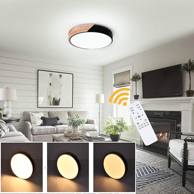 EDISLIVE Ceiling Light Dimmable 11 inch Modern Minimalist LED Round Shaped Wood & Metal & Acrylic Flush Mount Ceiling Light with Remote Control Black