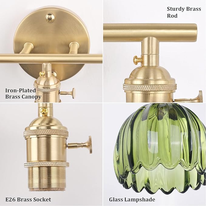 Shenmoyl Bathroom Light Fixtures, 3-Light Brass Vanity wall Light Over Mirror with Green Tulip Glass Shade for Bedroom Living Room (Bulb Not Included)