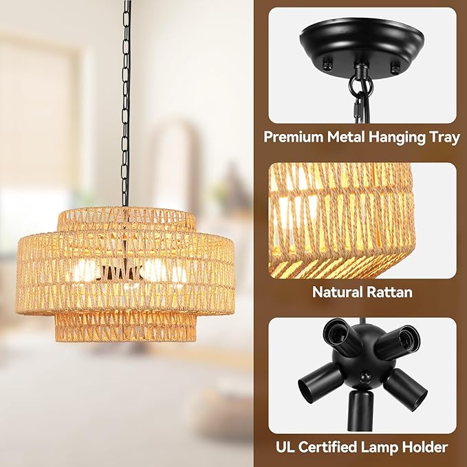 24" Large Rattan Chandelier, 6-Light Boho Dining Room Light Fixture Over Table, Natural Handwoven Wicker Pendant Lamp for Living Room, Coastal Farmhouse Hanging Ceiling Light