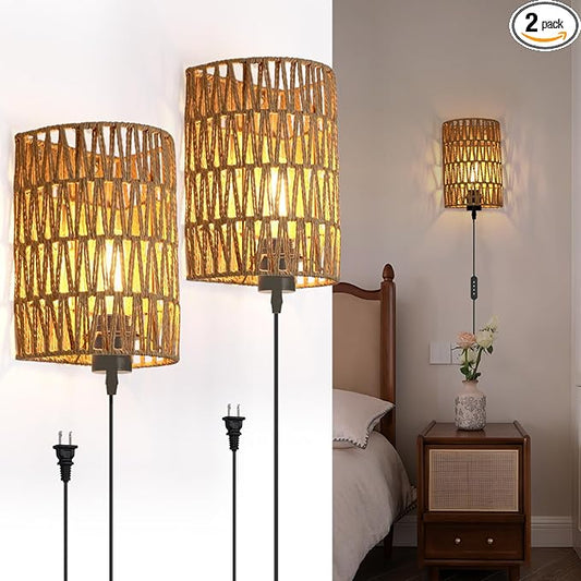 FINCMY Boho Wall Decor Plug in Wall Sconces, Dimmable Sconces Wall Decor Set of 2, Natural Hemp Rope Boho Decor, Plug in Wall Light with Remote, LED Bulbs Included