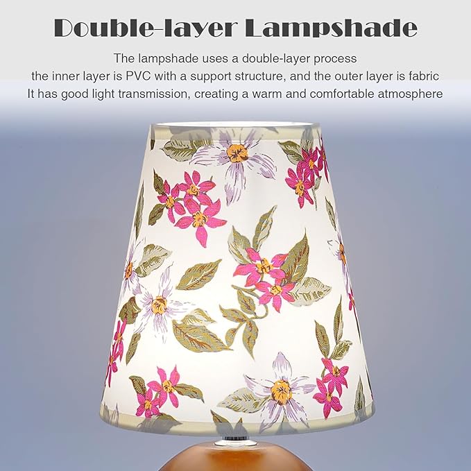 Vintage Wooden Base Fabric Table Lamp, Adjustable Light Color and Brightness with Power-Off Memory, Safe USB Powered, Retro Style LED Light for Bedroom Living Room Office (Red Flowers)