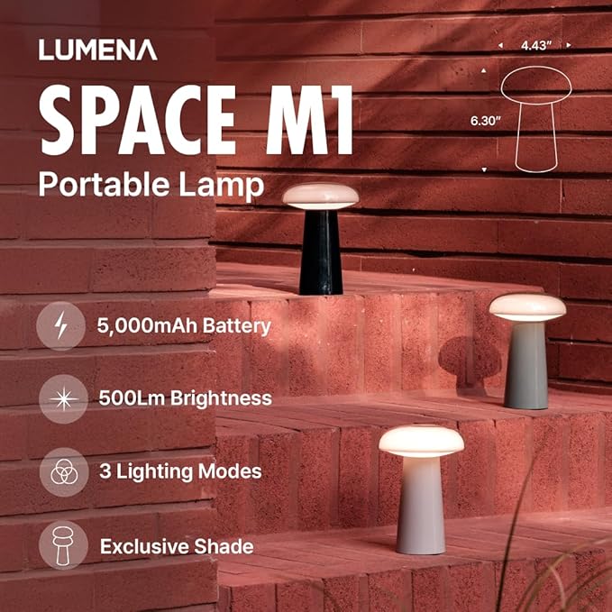 LUMENA Space M1 Portable Table Lamp | Rechargeable LED Bedside Lamp with Detachable Shade, 3 Brightness Levels, 3 Light Modes, 5000mAh Battery, Wireless Mood Light for Room Decor (Dark Blue)