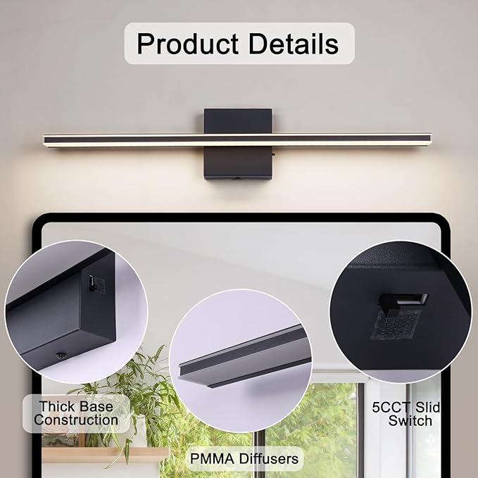 Vanity Light for Bathroom Lighting Fixtures Over Mirror 24 Inch Dimmable 5CCT Modern Vanity Lights Black Bathroom Light Bar Bath Wall Sconce 18W