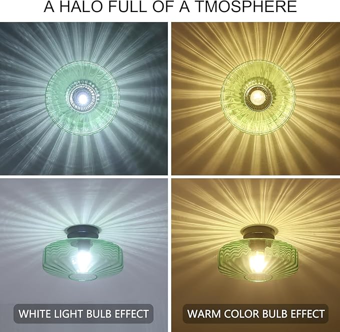 Semi Flush Mount Ceiling Light, 11.8" Vintage Green Glass Ceiling Lights, 1-Light Mid Century Modern Drum Close to Ceiling Light Fixtures for Bedroom Kitchen Entryway Hallway Porch Foyer