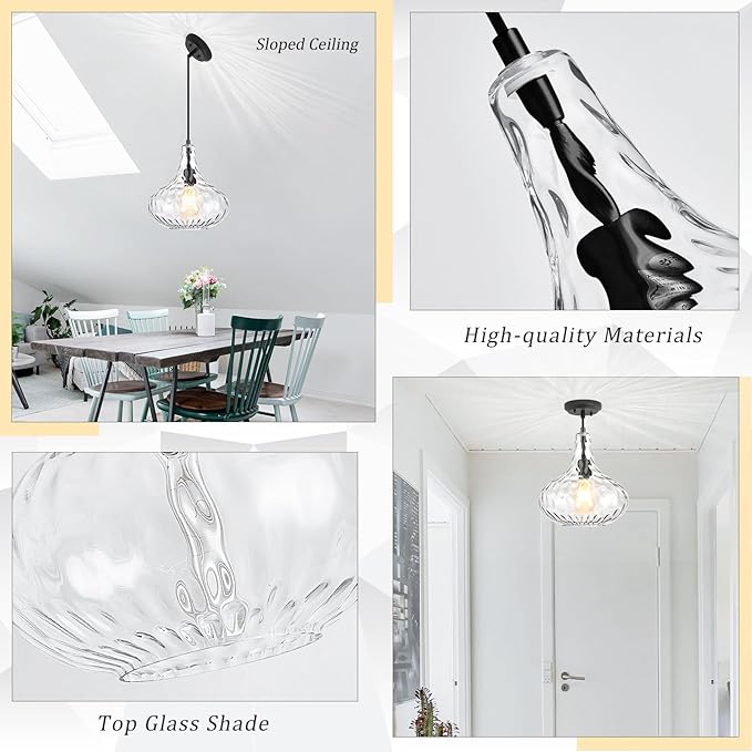 Glass Large Pendant Lights for Kitchen Island Blown Glass Pendant Light Clear Hammered Shade Hanging Ceiling Lights with Black Finish for for Kitchen Island, Sink, Hallway, Living Room 11 inch