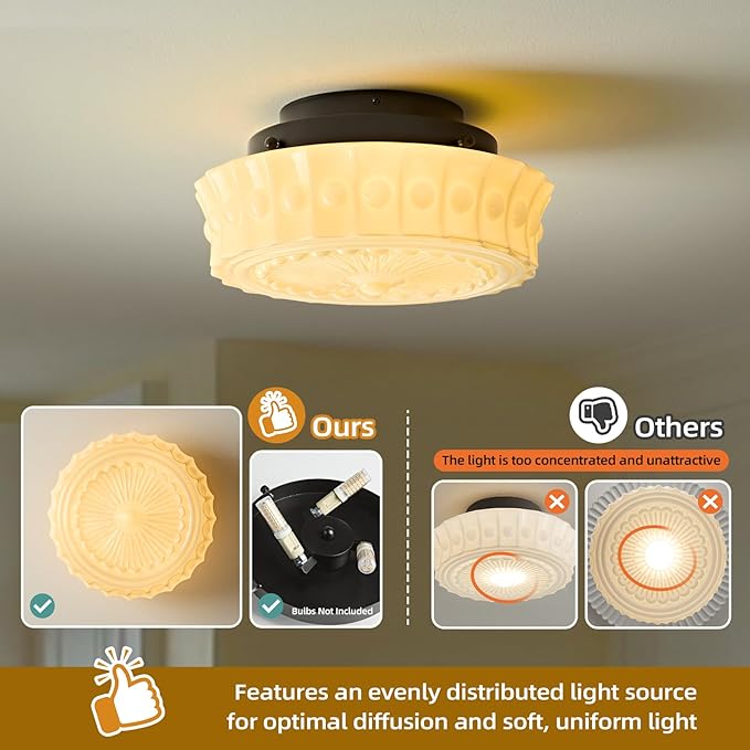 Schoolhouse Vintage Glass Ceiling Light - Small 12 Inch Cream Yellow Mid Century Modern Flush Mount Lighting Fixtures - Art Deco Lamp for Bedroom Kitchen Entryway Laundry Hallway Foyer Bathroom Hall