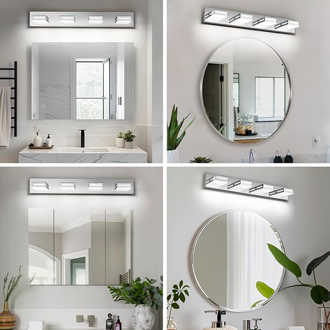 LED Modern Bathroom Light Fixtures, 4-Light 30-Inch Chrome Vanity Lights for Bathroom Lighting Fixtures Over Mirror, 6000K Cool White 350° Rotatable Wall Lamp