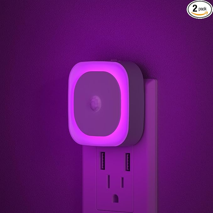 YUNLEX 2 Pack Plug in Night Light with Motion Sensor & Dusk to Dawn Sensor, 3 Sensor Modes, Purple Lights Plug into Wall, Dimmable Calming Glow for Meditation, Relaxation, Bathroom, as Mother Gifts