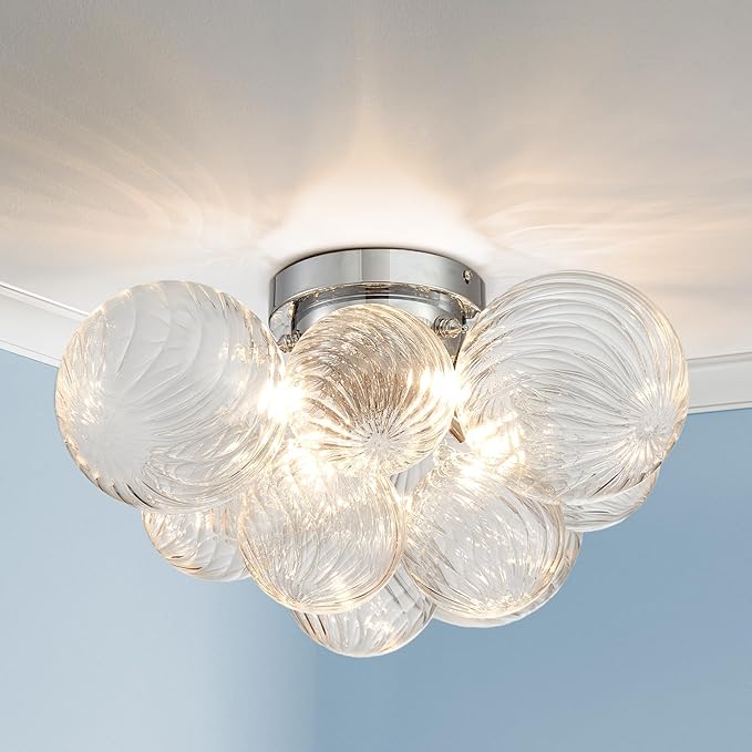 AGV LIGHTING Modern Bubble Glass Flush Mount Ceiling Light Fixture, Chrome 4-Light Ceiling Chandelier with Clear Textured Glass Globe Shades, 18” Living Room Bedroom Dining Room Lighting