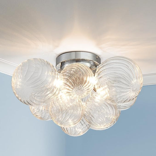 AGV LIGHTING Modern Bubble Glass Flush Mount Ceiling Light Fixture, Chrome 4-Light Ceiling Chandelier with Clear Textured Glass Globe Shades, 18” Living Room Bedroom Dining Room Lighting