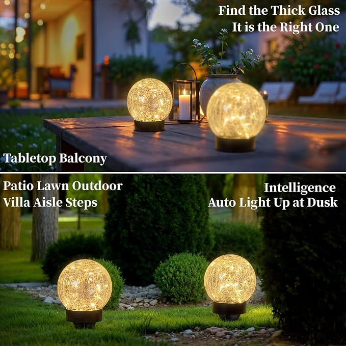Beautyard Solar Globe Lights Outdoor Large Garden Decor USB Charged 4.72" Diameter 40LED 1000mAh Solar Lights Cracked Glass Globe Solar Power Yard Patio Garden (4.72'' Large 2 Pack Warm White)