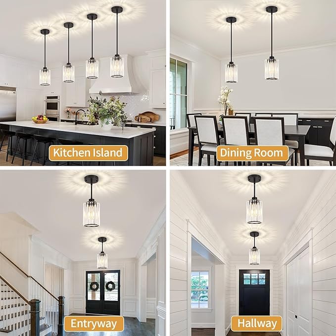2 Pack Black Pendant Lights Kitchen Island, Modern Crystal Kitchen Pendant Lighting Over Island Dining Room Light Fixtures Adjustable Hanging Pendant Light for Bathroom Hallway Entryway Foyer Bedroom