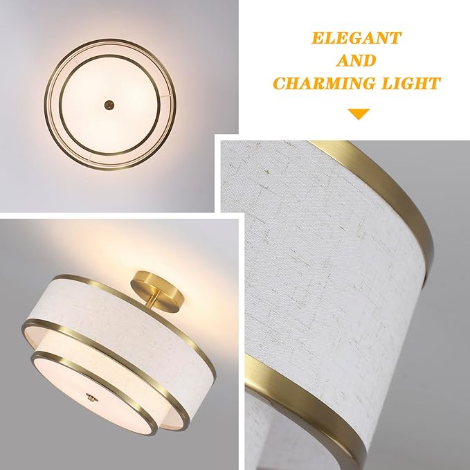Semi Flush Mount Ceiling Light, 3-Light Double Drum Ceiling Light Fixture with Fabric Shade, Farmhouse Chandelier Dining Room Light Fixture for Bedroom, Kitchen, Hallway (Gold)