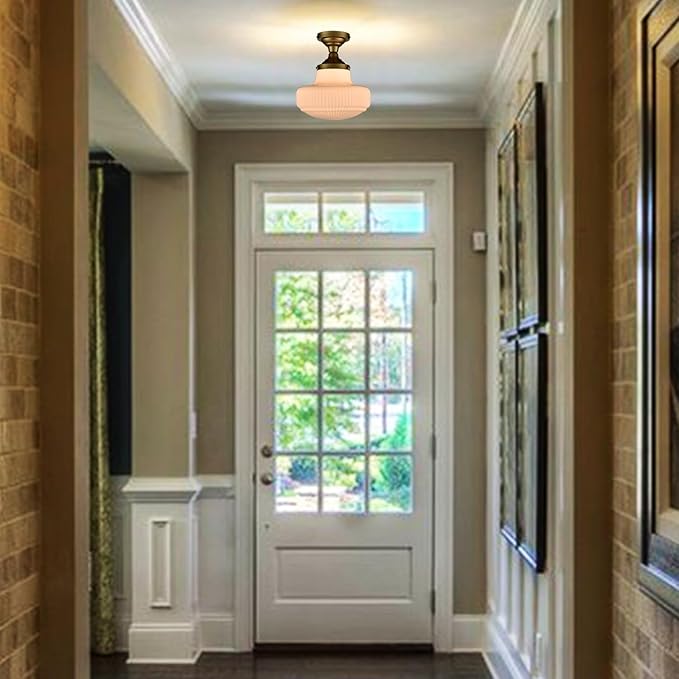 CLAXY Modern Gold Schoolhouse Ceiling Light Semi-Flush Mount Ceiling Light Fixture Ribbed Milk Glass Lamp for Hallway Entryway Bedroom Kitchen Bathroom