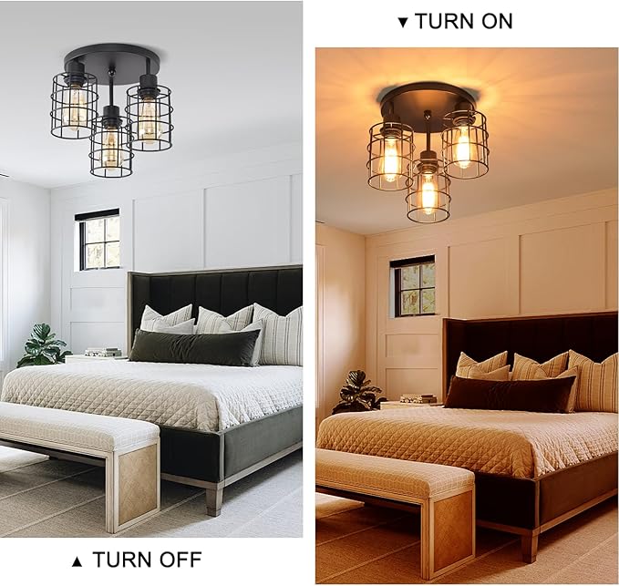 3 Lights Industrial Ceiling Light Fixtures,Iron Cage Ceiling Lamp Pendant Lighting,3-Light Close to Ceiling Light Fixtures, Modern Chandelier for Bedroom Entryway Kitchen Hallway