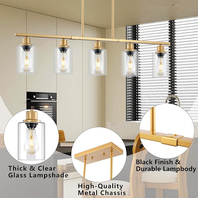 39.4" Kitchen Island Lighting, 5 Lights Clear Glass Pendant Light Fixtue, Golden Linear Metal Chandelier for Dining&Living Room Foyer,Height Adjustable,E26 Socket
