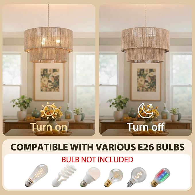 18” Plug in Pendant Light, Hanging Light Fixture with Hemp Rope Lampsahde, Handwoven 2 Tier Drum Boho Plug in Chandelier for Dinning Room, Bedroom and Living Room
