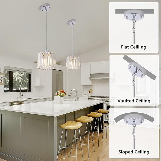 XSDeTu 2 Pack Crystal Pendant Light Fixtures, Modern Chrome Hanging Light, 1-Light Small Farmhouse Chandelier, Adjustable Hexagonal Cage Pendant Lighting for Kitchen Island, Dining Room, Bedroom