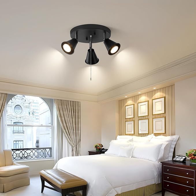 SEEBLEN 3-Light Industrial Directional Track Lighting with Pull Chain On/Off, Black Ceiling Spotlight, Morden Flush Mount Kitchen Light for Hallway,Dining Room,Porch,Office.Gu10 Bulbs Included