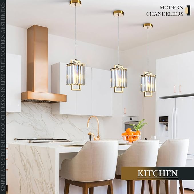 Modern Crystal Pendant Light Fixture 1-Light Gold Stainless Steel Hanging Lighting Crystal Chandelier for Kitchen Island Dining Room Bedroom, 1 Pack