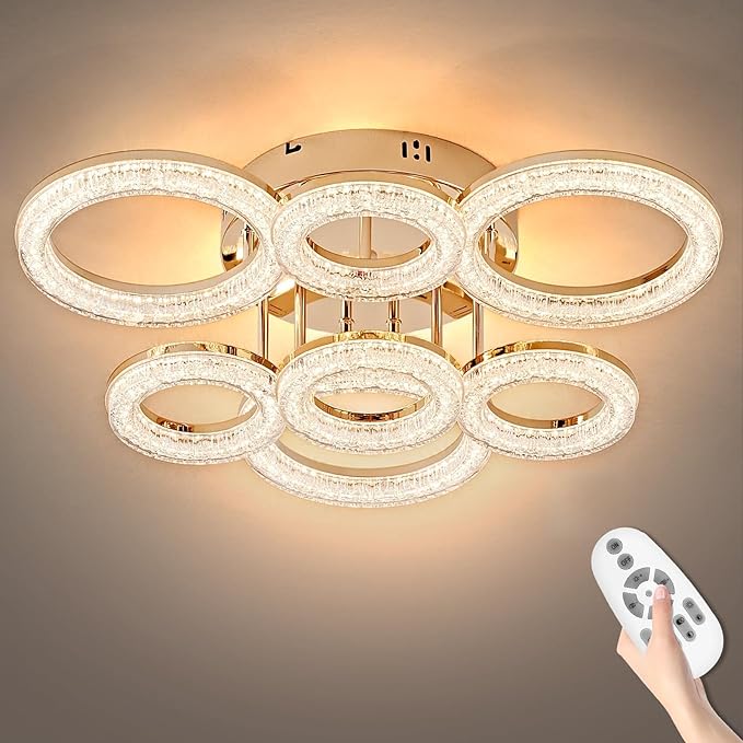 OKELI Modern Ceiling Light, 7 Rings 23'' Dimmable LED 106W Flush Mount Ceiling Lights with Remote Acrylic Crystal Round Ceiling Light Fixture, Bedroom Living Room Dining Room, Gold