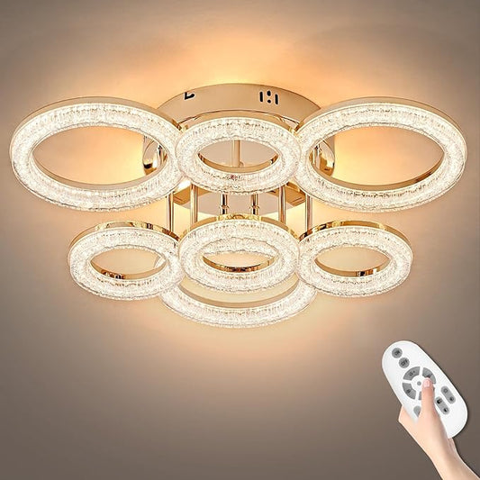 OKELI Modern Ceiling Light, 7 Rings 23'' Dimmable LED 106W Flush Mount Ceiling Lights with Remote Acrylic Crystal Round Ceiling Light Fixture, Bedroom Living Room Dining Room, Gold